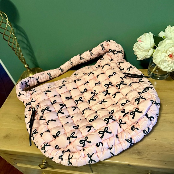 NWOT Katydid Pink Quilted Shoulder Bag with Black Bow Accents - Picture 2 of 13